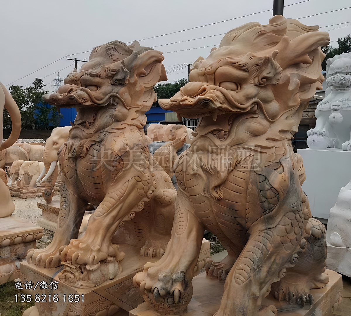 晚霞紅坐姿石雕麒麟雕塑