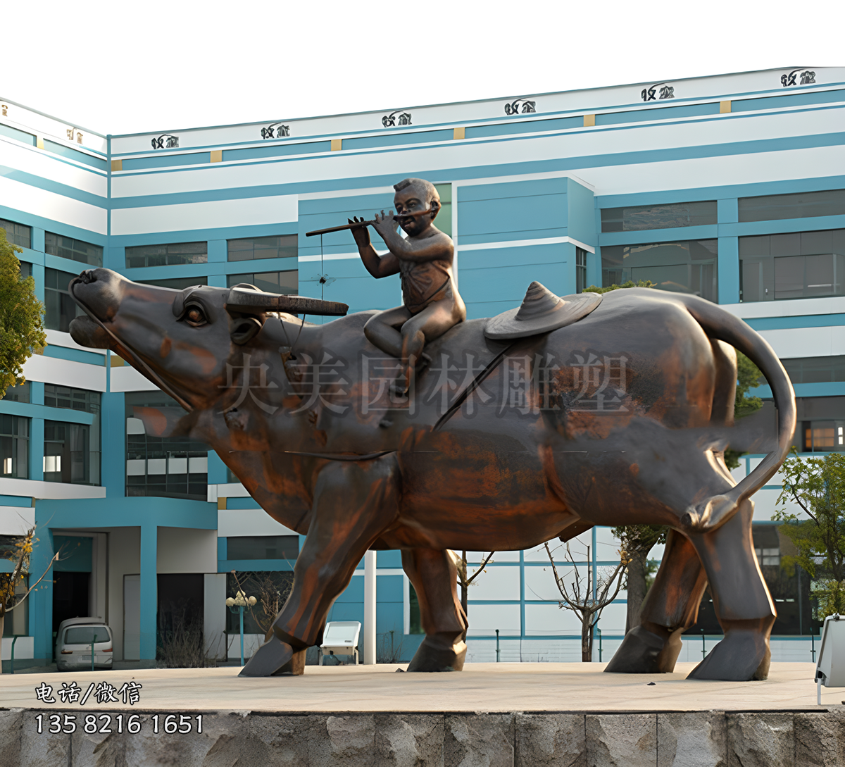 純銅鑄造牧童騎牛景觀雕塑