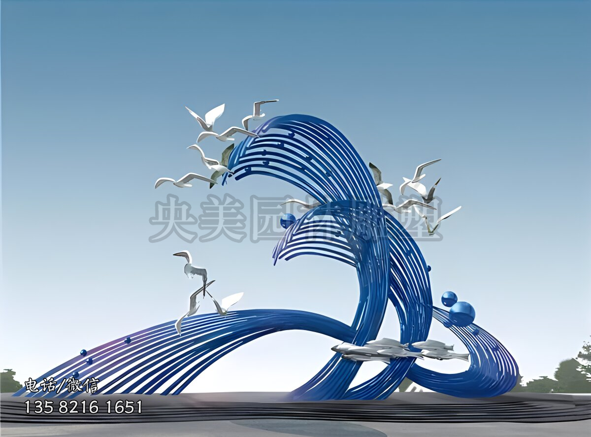 抽象不銹鋼海浪海鷗景觀雕塑