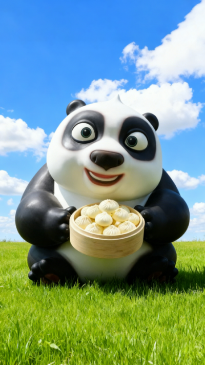玻璃鋼端著小籠包的卡通熊貓雕塑