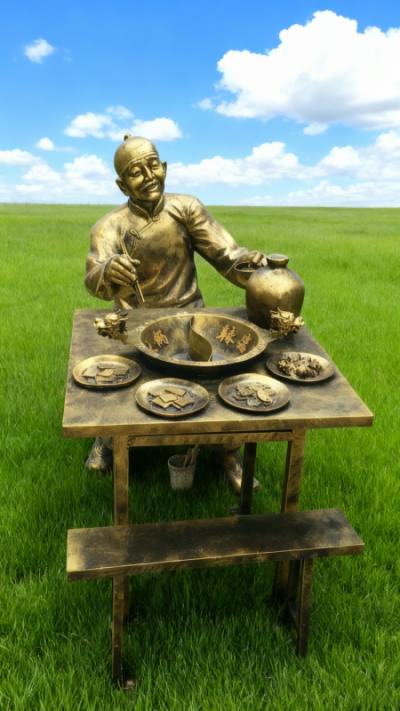 玻璃鋼仿銅吃火鍋人物雕塑
