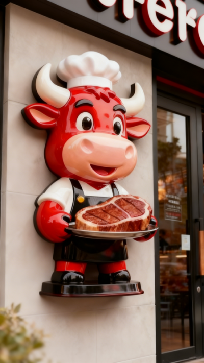 玻璃鋼卡通牛廚師牛排店墻面裝飾雕塑